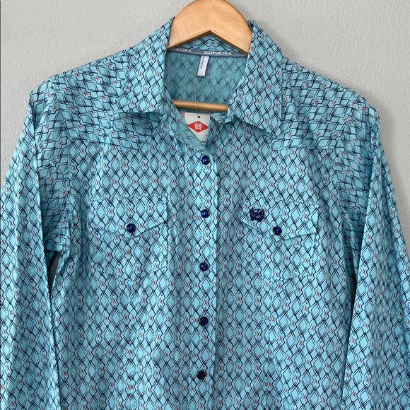 CINCH Women’s L Western Button Down Shirt Geometric Blue Long Sleeve Brand New - Picture 2 of 4